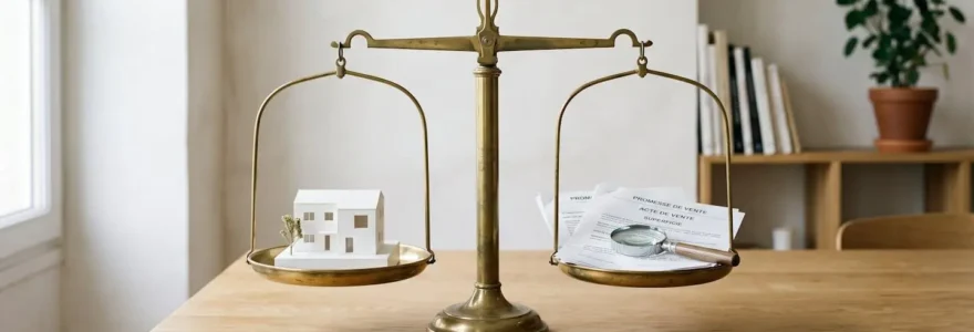 Balance de précision en laiton avec maquette de maison d'un côté et documents immobiliers de l'autre, symbolisant l'évaluation objective d'un bien