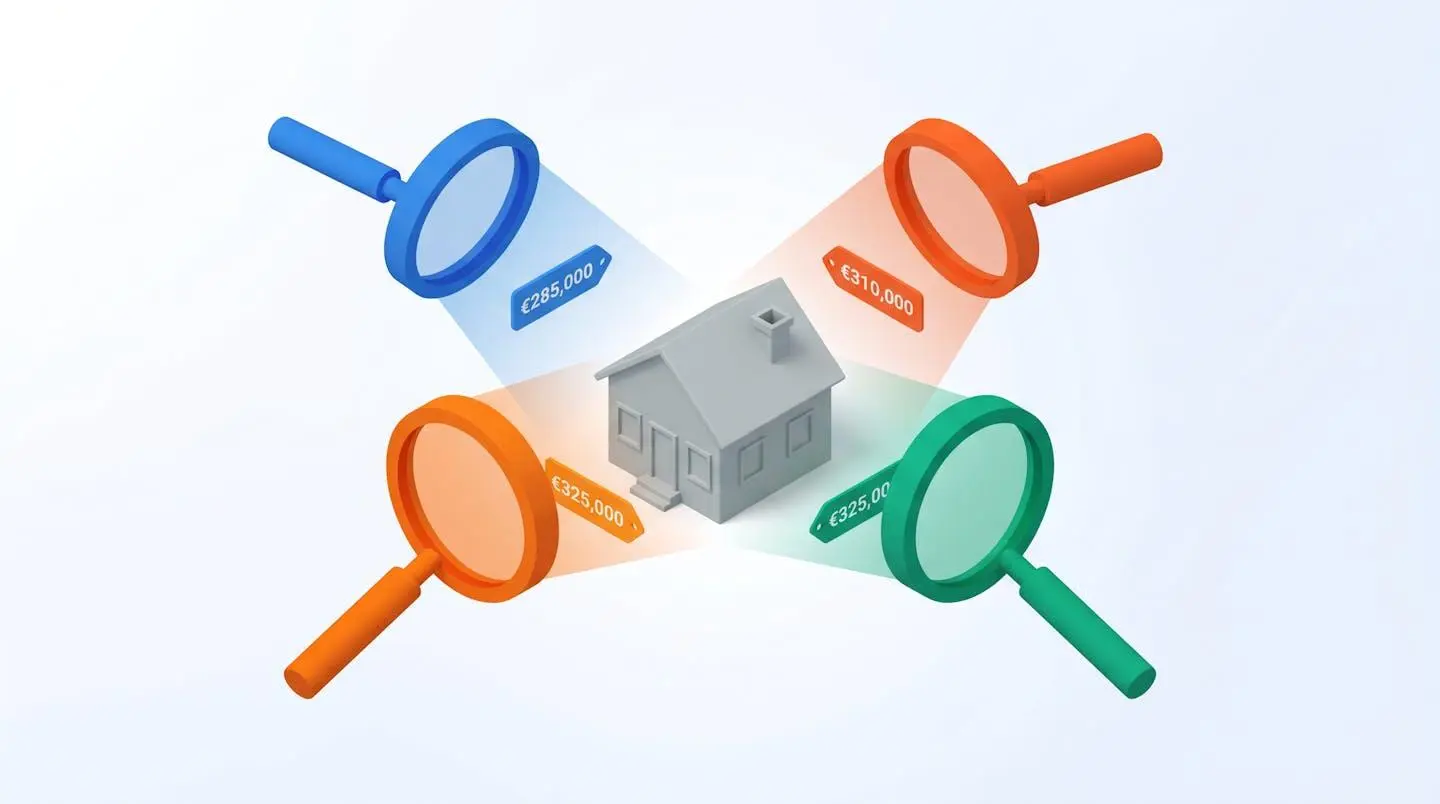 Illustration 3D montrant trois loupes de couleurs différentes examinant une maison miniature avec trois prix d'estimation différents