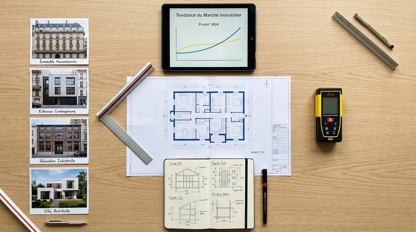 Vue du dessus d'un bureau avec plans architecturaux, tablette affichant des données de marché, mètre laser et outils d'expert immobilier organisés symétriquement