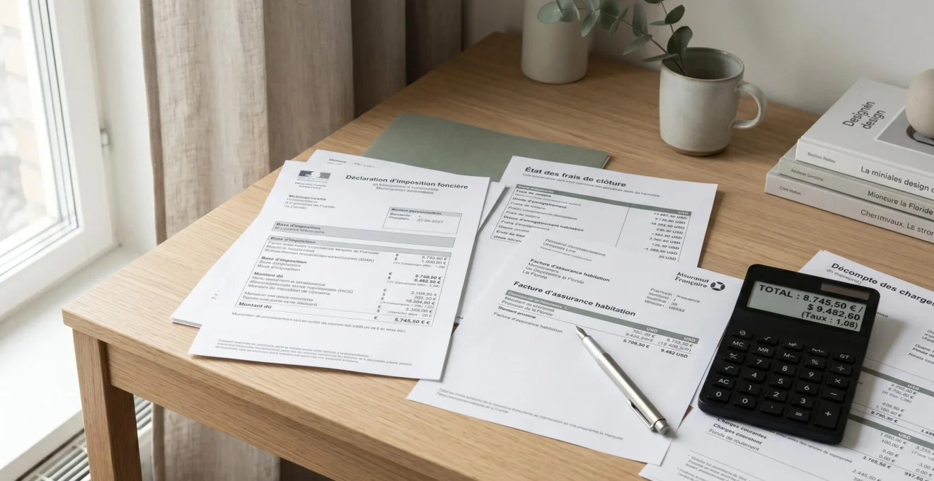 Documents financiers détaillés étalés sur une table : factures d'assurance, relevés HOA et closing costs avec calculatrice