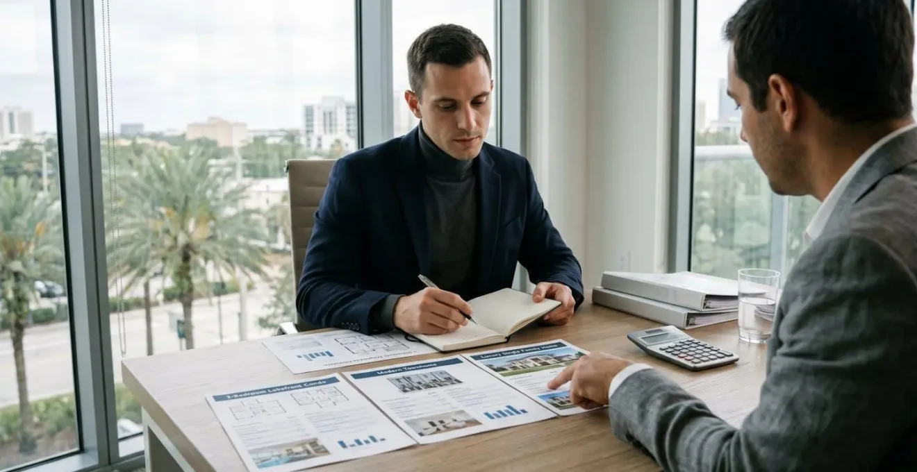 Investisseur consultant des documents comparatifs de biens immobiliers dans une agence d'Orlando avec calculatrice et plans sur une table