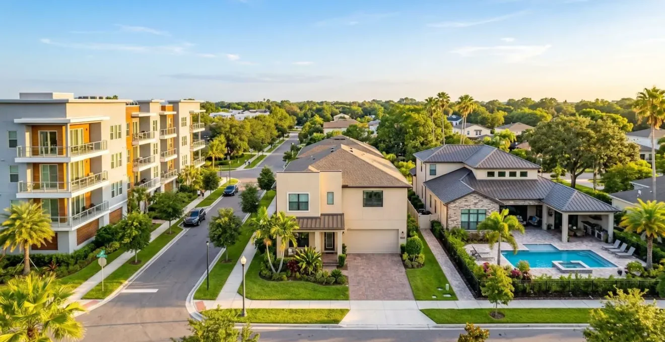 Vue panoramique d'un quartier résidentiel d'Orlando montrant trois types de biens immobiliers : condominium moderne, townhome avec jardin et maison individuelle avec piscine sous le soleil de Floride