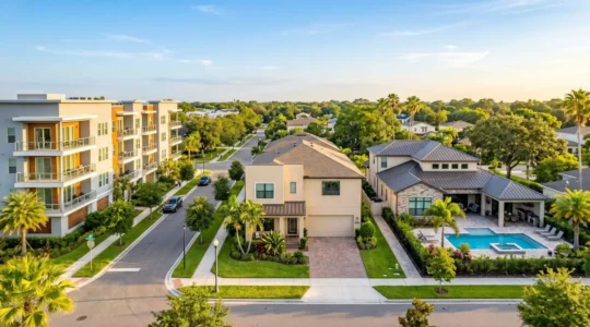 Vue panoramique d'un quartier résidentiel d'Orlando montrant trois types de biens immobiliers : condominium moderne, townhome avec jardin et maison individuelle avec piscine sous le soleil de Floride